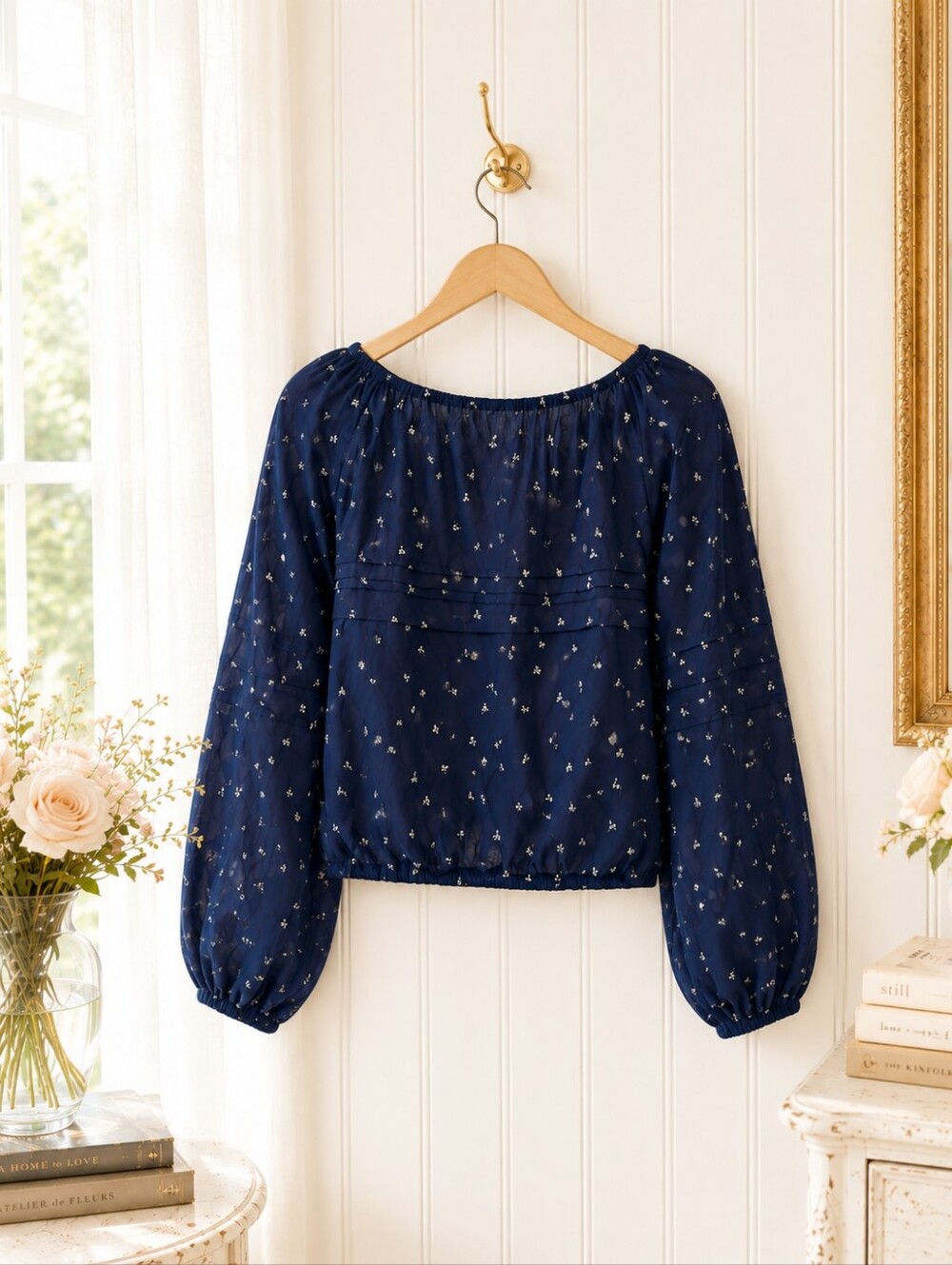 Universal Thread Navy Floral Peasant Blouse Boho Tie Neck Top Size Small - Picture 6 of 8